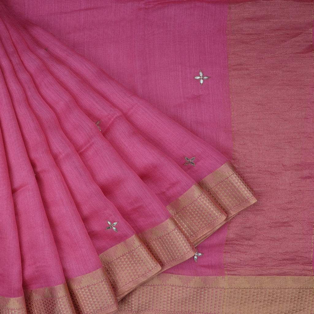 Dark Bubblegum Pink Hand Embroidered Moonga Silk Saree With Gota Patti