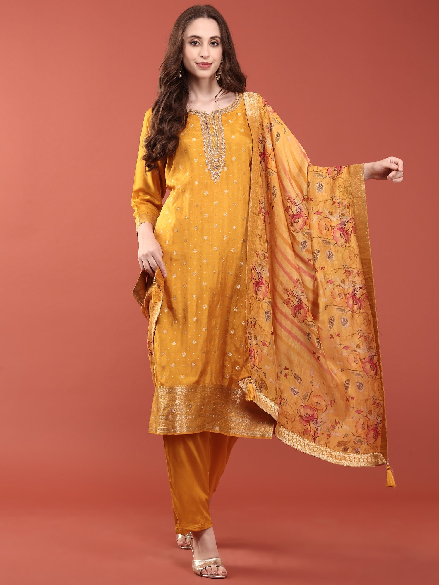 Mustard Silk With Sequence and Hand Embroidered Three Piece Set
