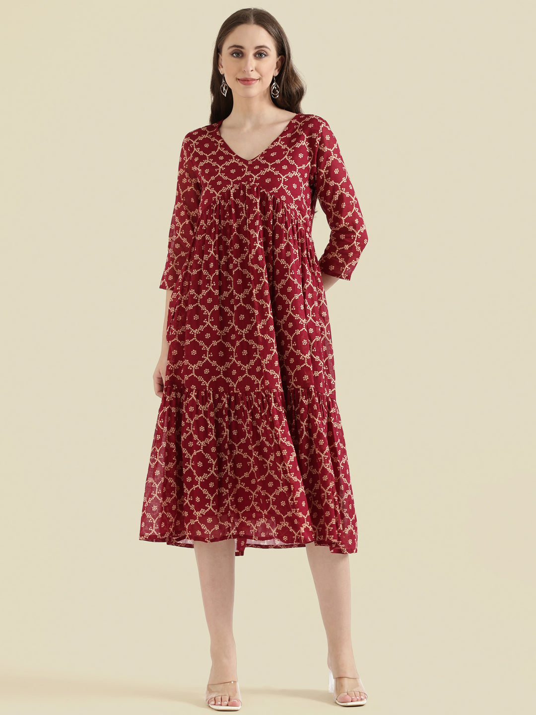 Cotton Voile Block Print V-Neck Gathered Tiered Midi Dress