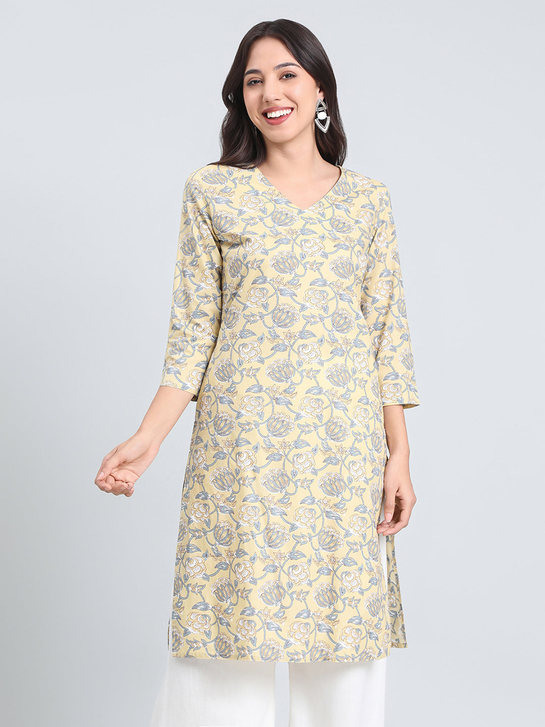 Cotton Floral Block Print Straight Kurta