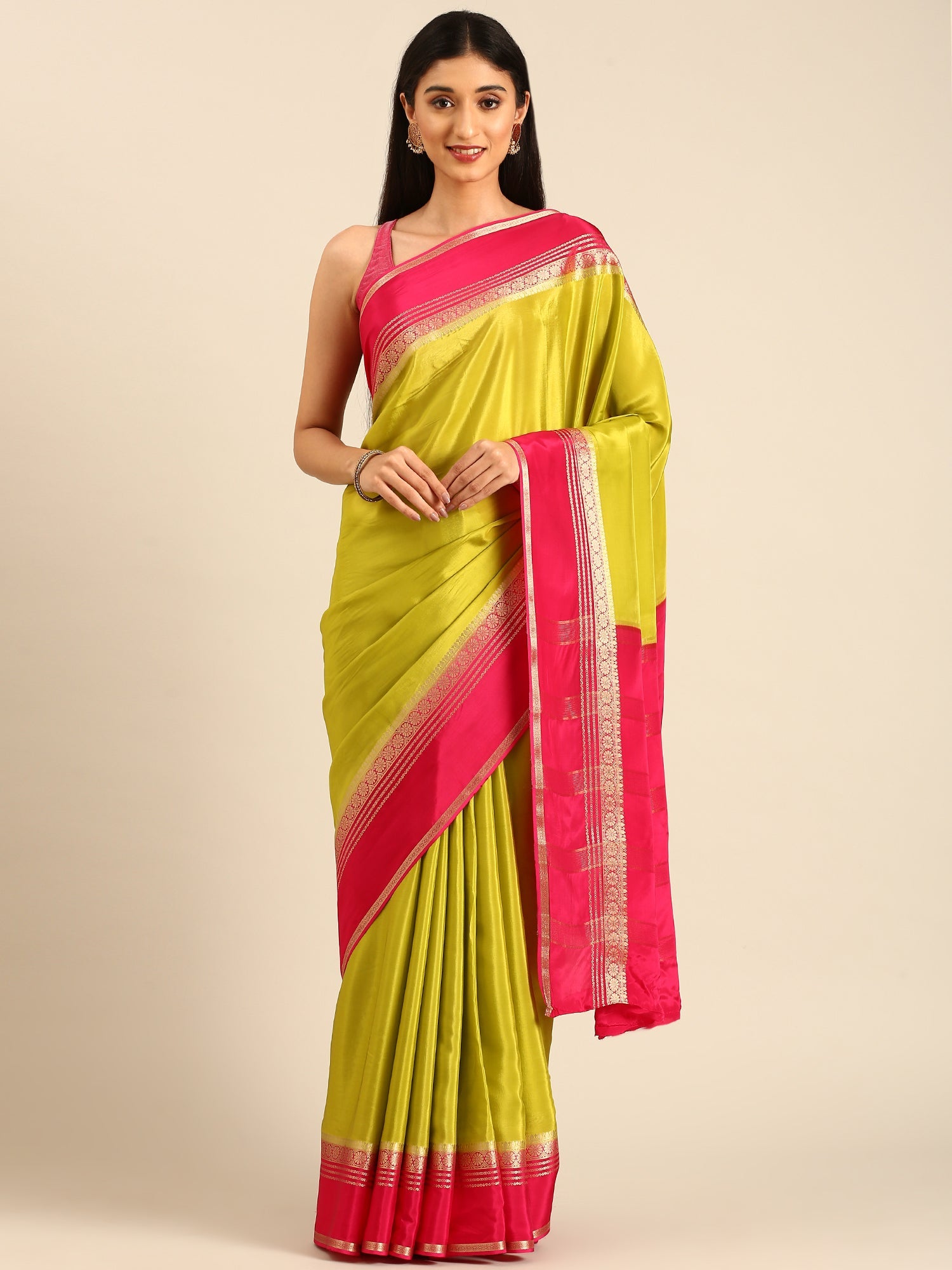 Green Mysore crepe silk saree plane contrast border and pallu