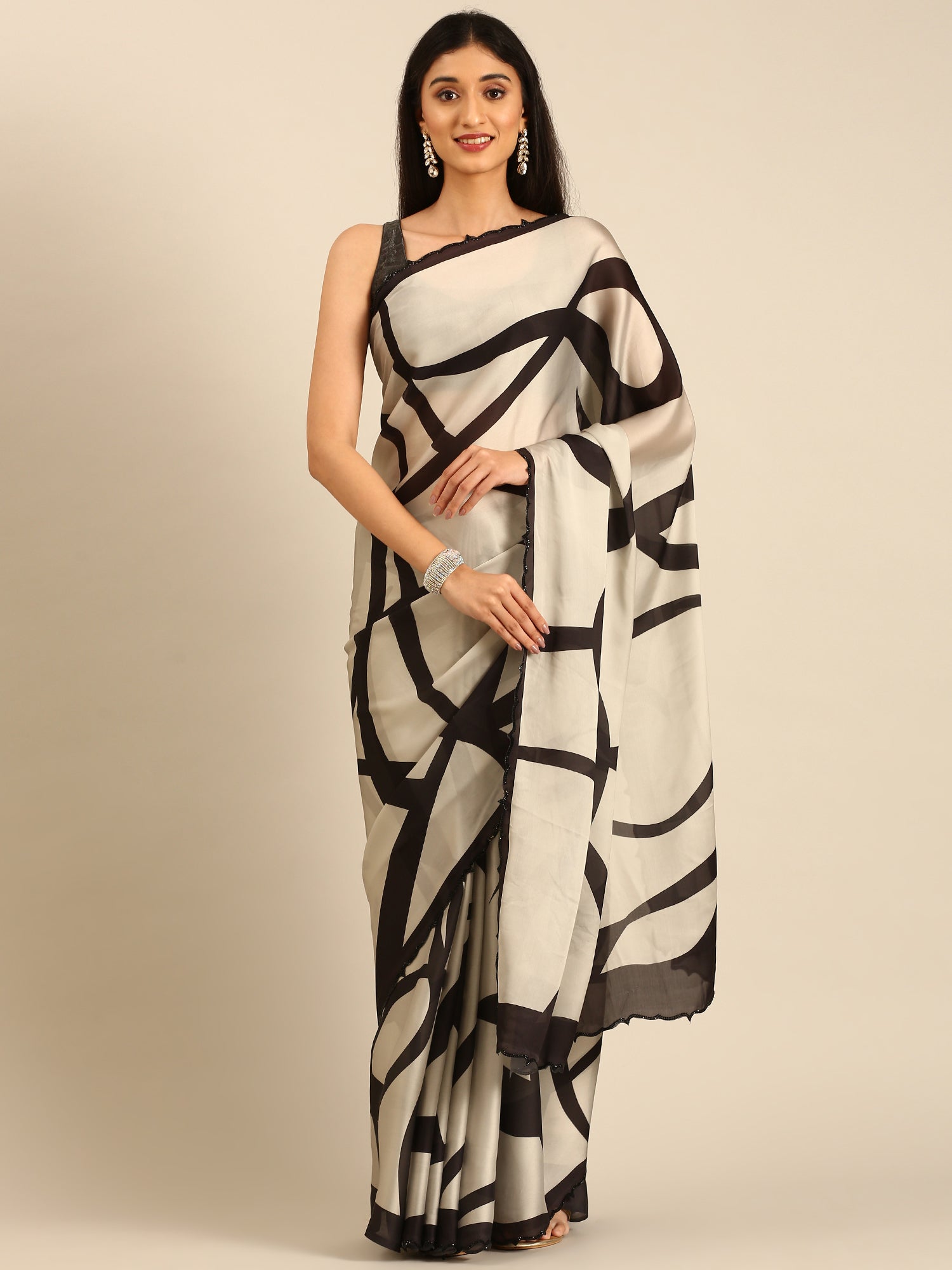 Black & white printed satin saree with Swarovski embroidery