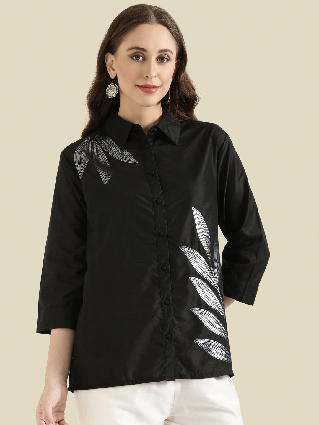 Viscose Sequin Embroidery Classic Collar Blouse