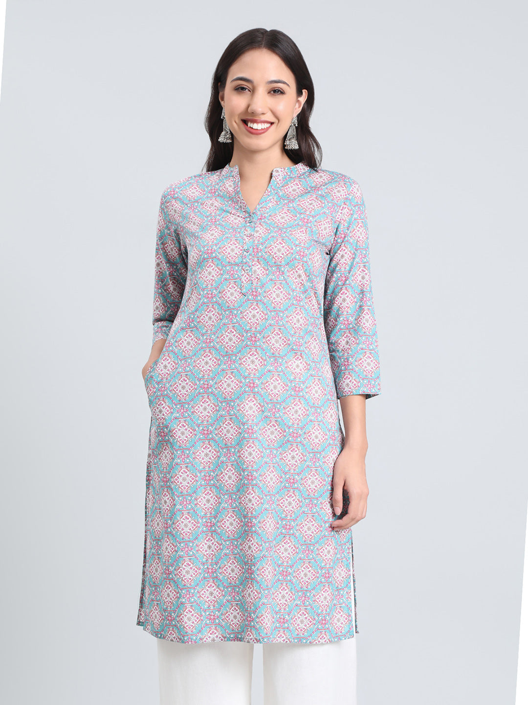 Cotton Geometric Print Straight Kurta