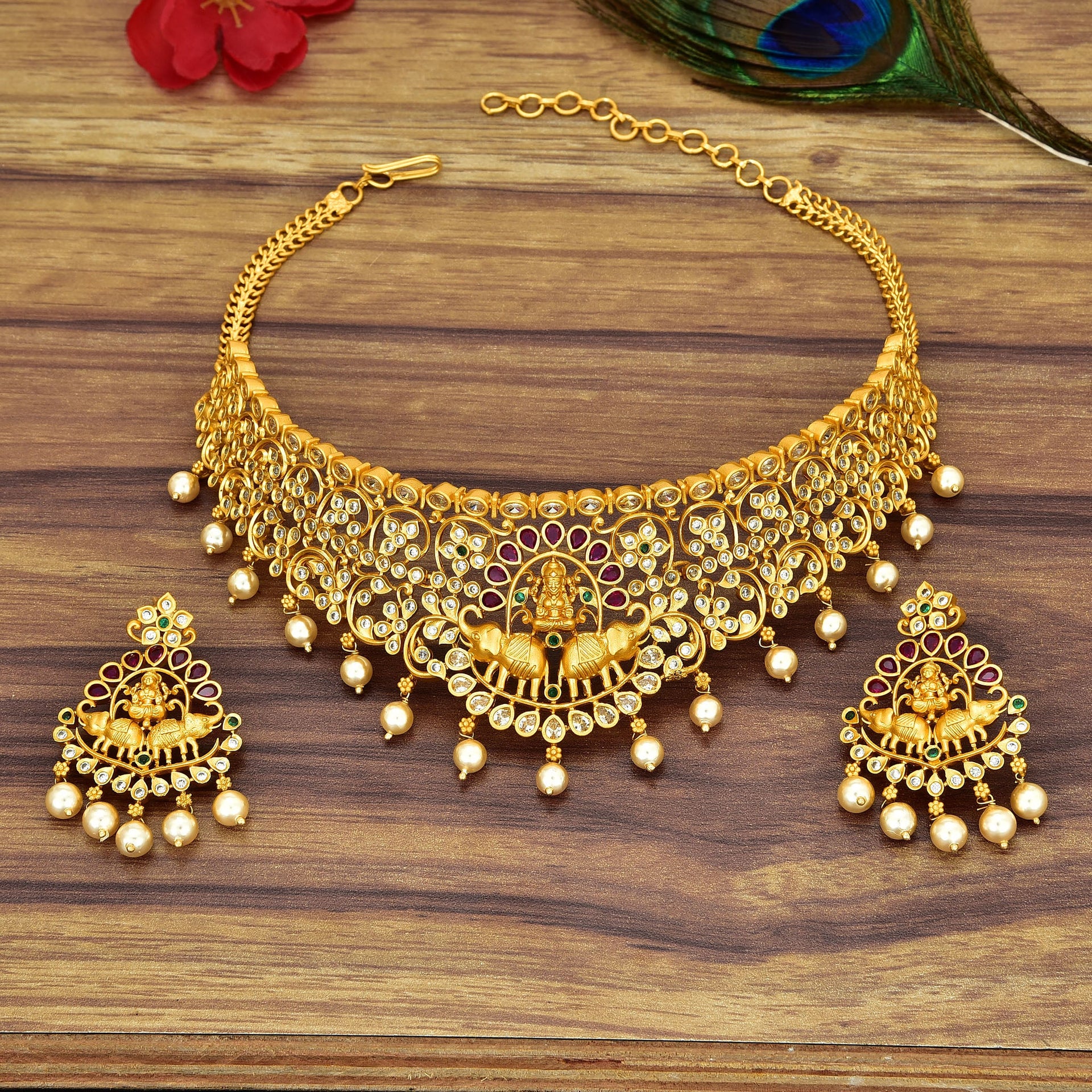 Zirconia Gold Lakshmi Devi Design Choker Set