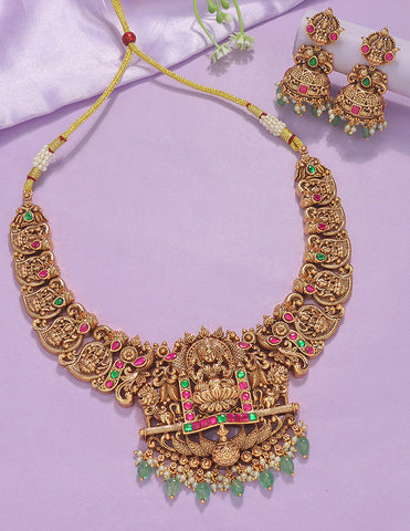 Designer Elegant Mango Shaped Lakshmi Devi Matt Kempu Necklace Set
