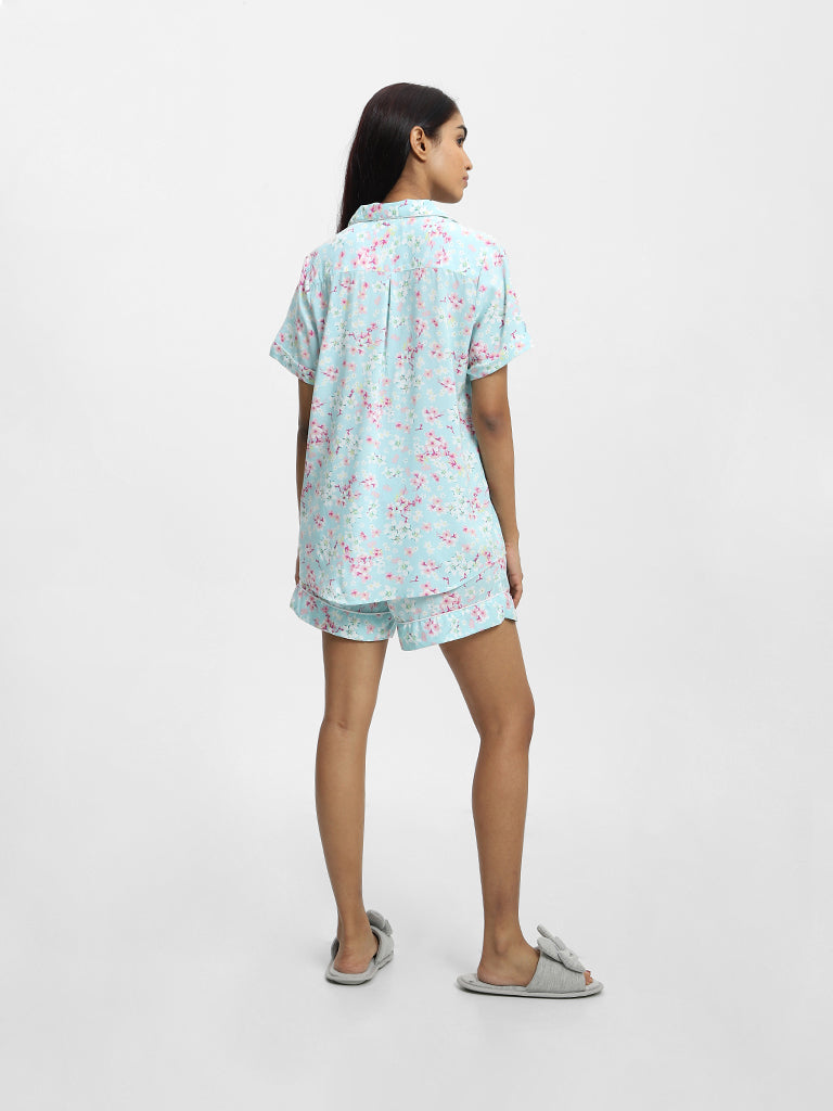 Wunderlove Printed Aqua-Colored Shirt with Shorts – Cherrypick