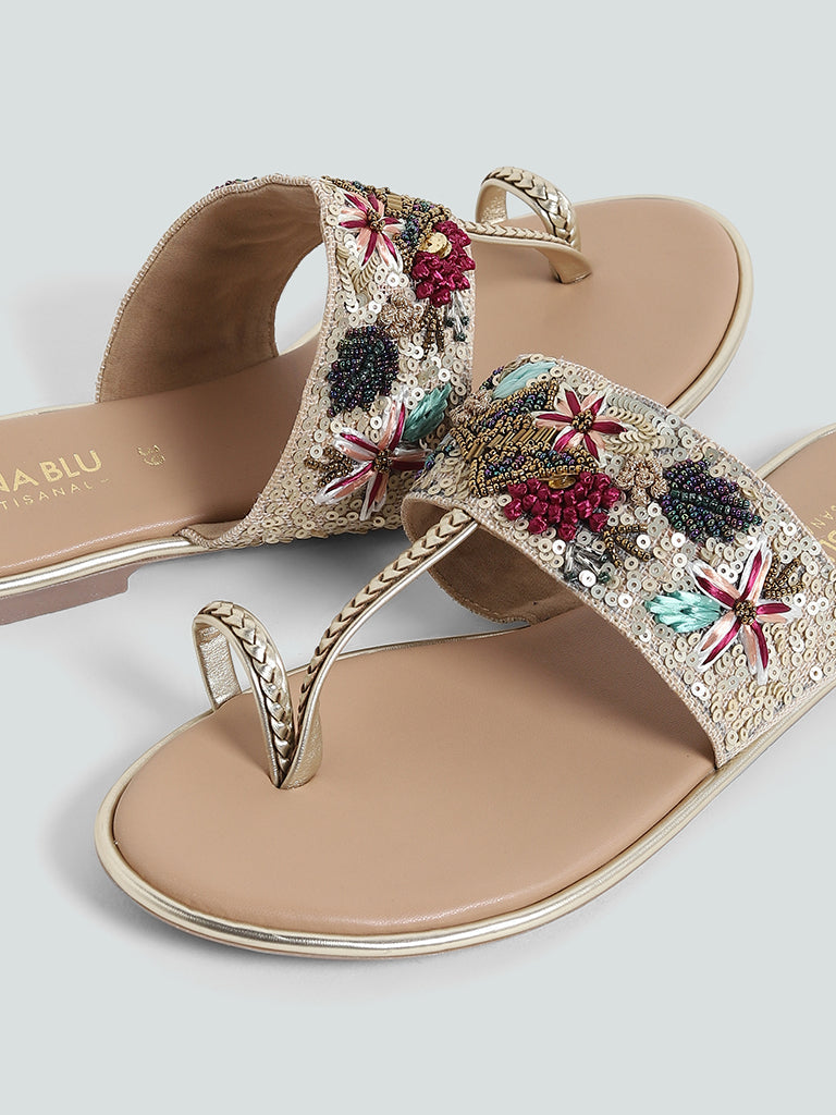 LUNA BLU Beige Floral Embroidered Toe Ring Sandals