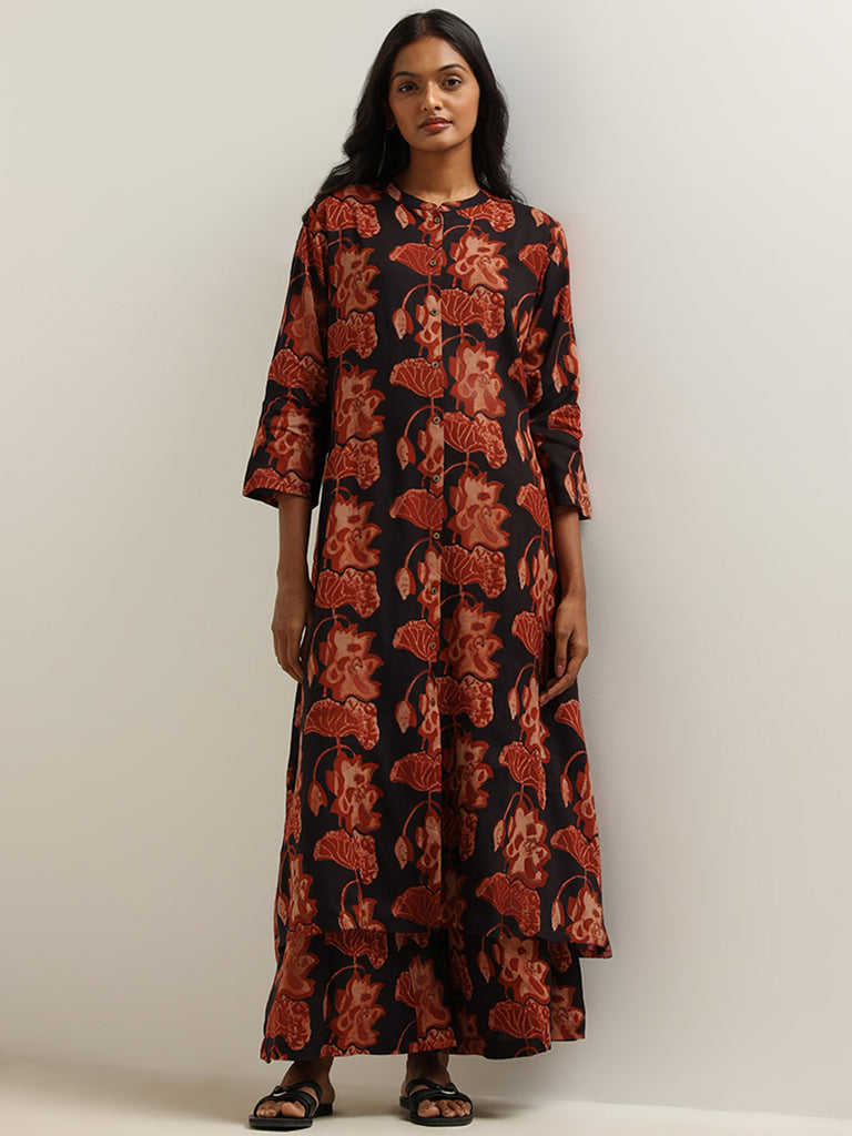 Utsa Black Floral Print Kurta