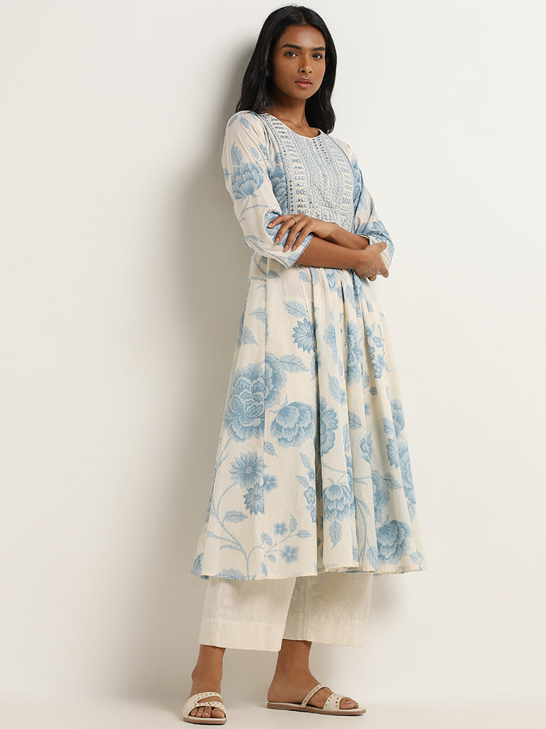 Utsa Blue Floral Design A-Line Cotton Kurta