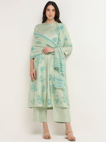 Zuba Green Floral Print Cotton Blend A-Line Kurta