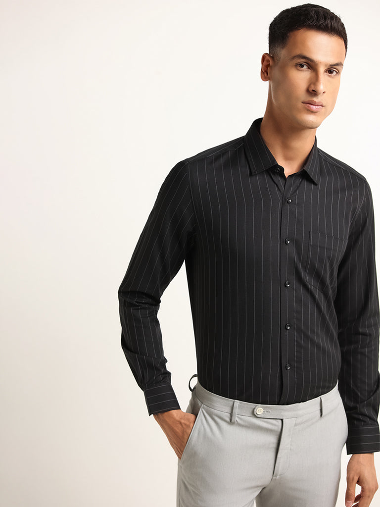 WES Formals Black Striped Cotton Ultra Slim Fit Shirt