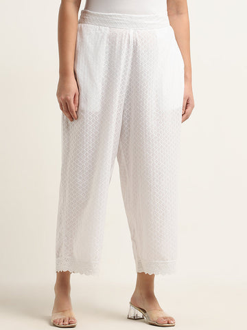 Diza White Self-Patterned High-Rise Cotton Ethnic Pants