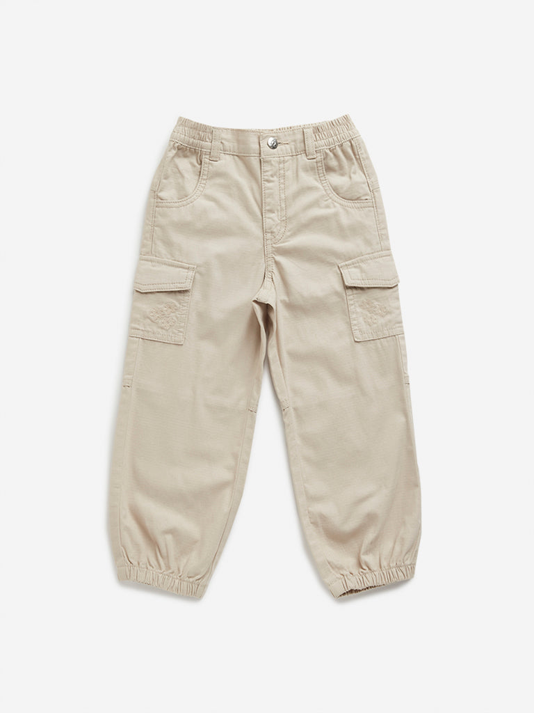 HOP Kids Beige Solid Mid-Rise Joggers