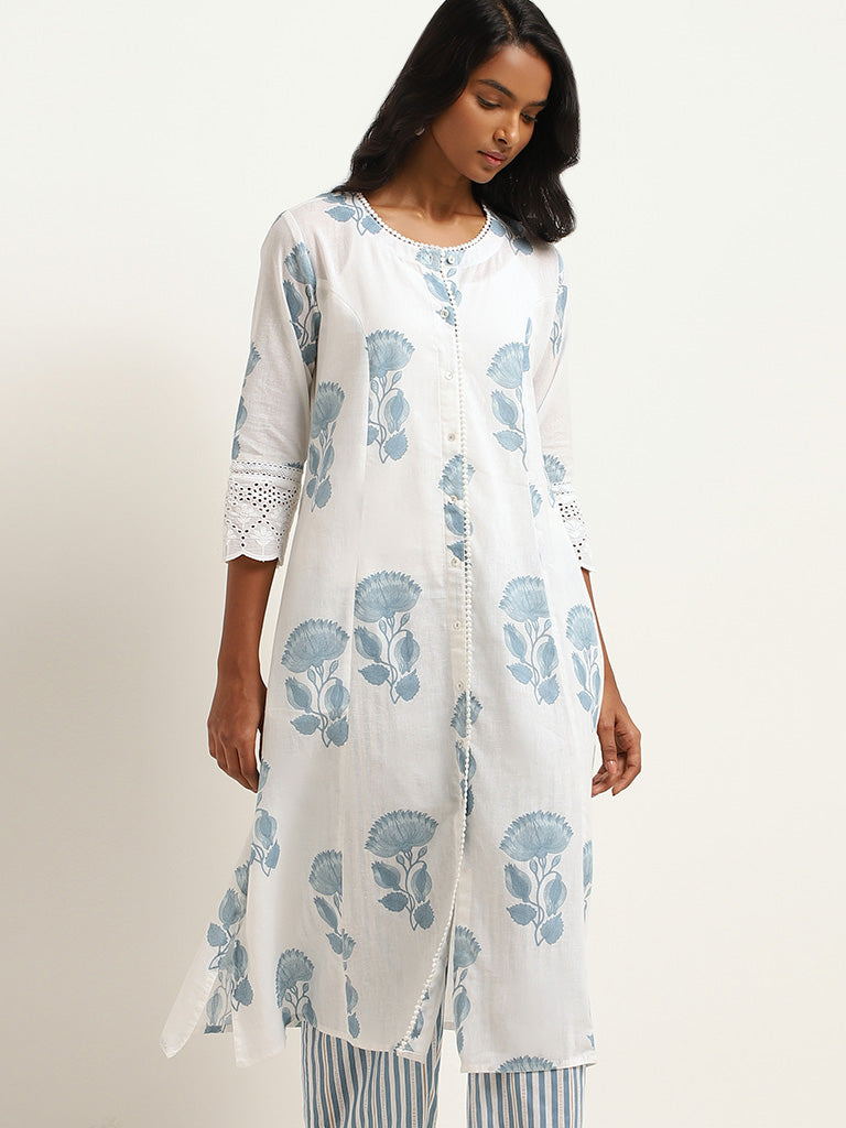 Utsa Blue Printed Straight-Fit Cotton Blend Kurta