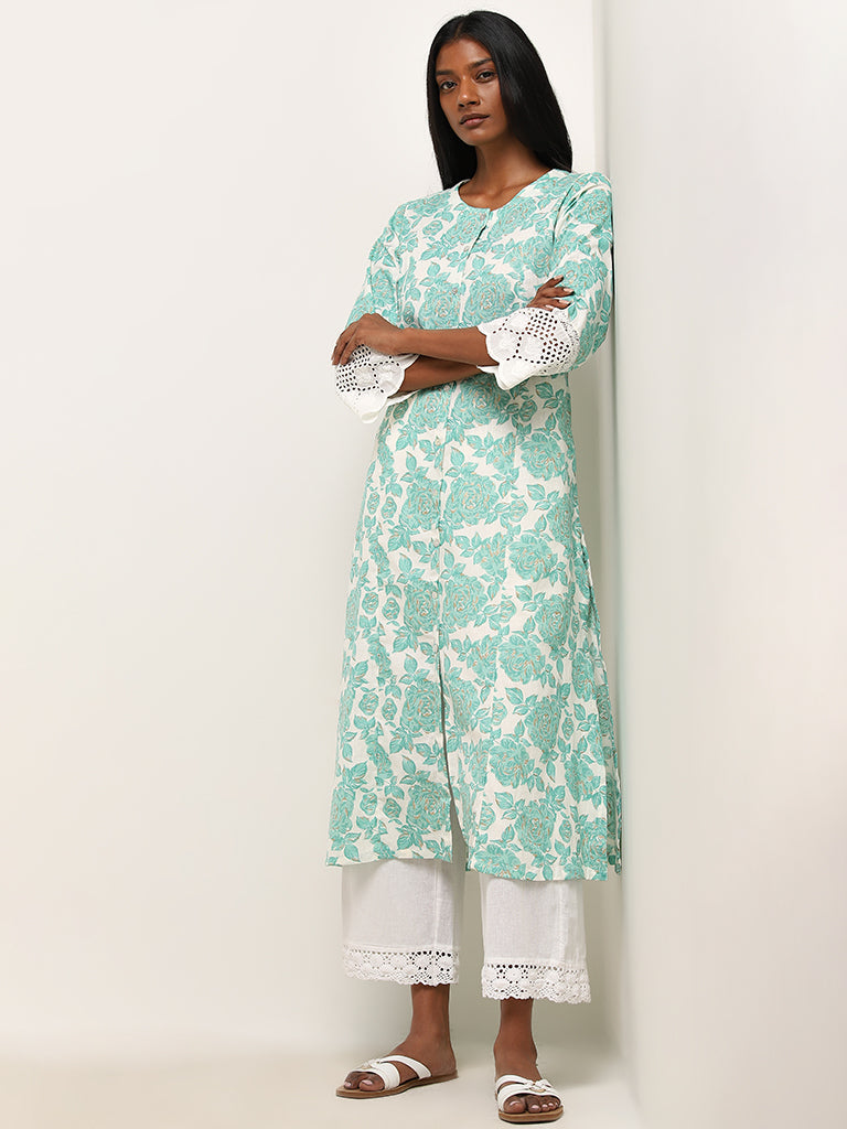 Utsa Aqua Floral Printed A-Line Cotton Blend Kurta