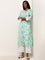 Utsa Aqua Floral Printed A-Line Cotton Blend Kurta