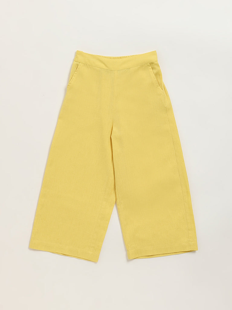 Utsa Kids Yellow Mid-Rise Wide-Leg Cotton Blend Palazzos (8 -14yrs)