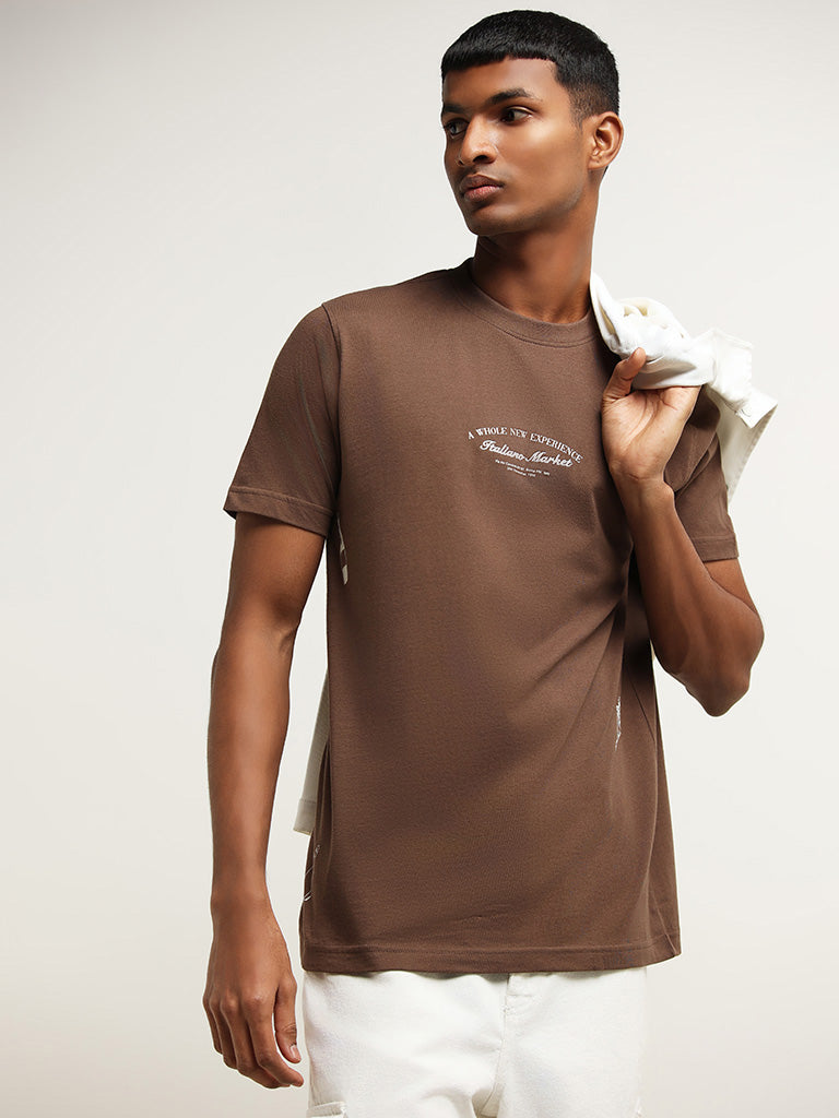 Nuon Brown Printed Slim Fit Cotton T-Shirt