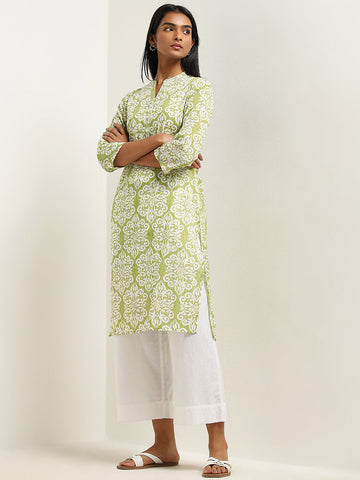 Utsa Green Ikat Printed Straight Cotton Kurta