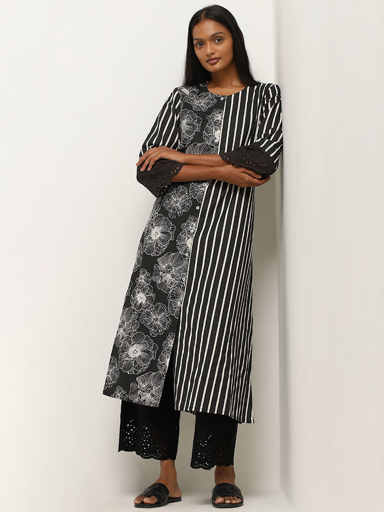 Utsa Black Striped and Floral Printed A-Line Cotton Blend Kurta