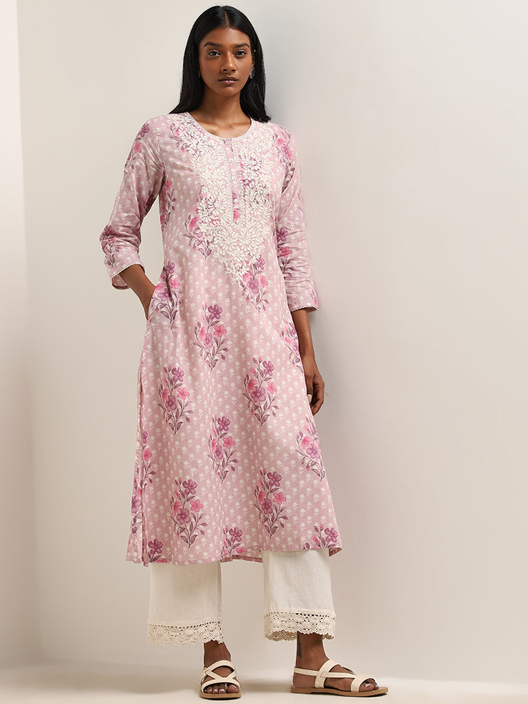 Utsa Lilac Floral Patterned A-Line Cotton Kurta