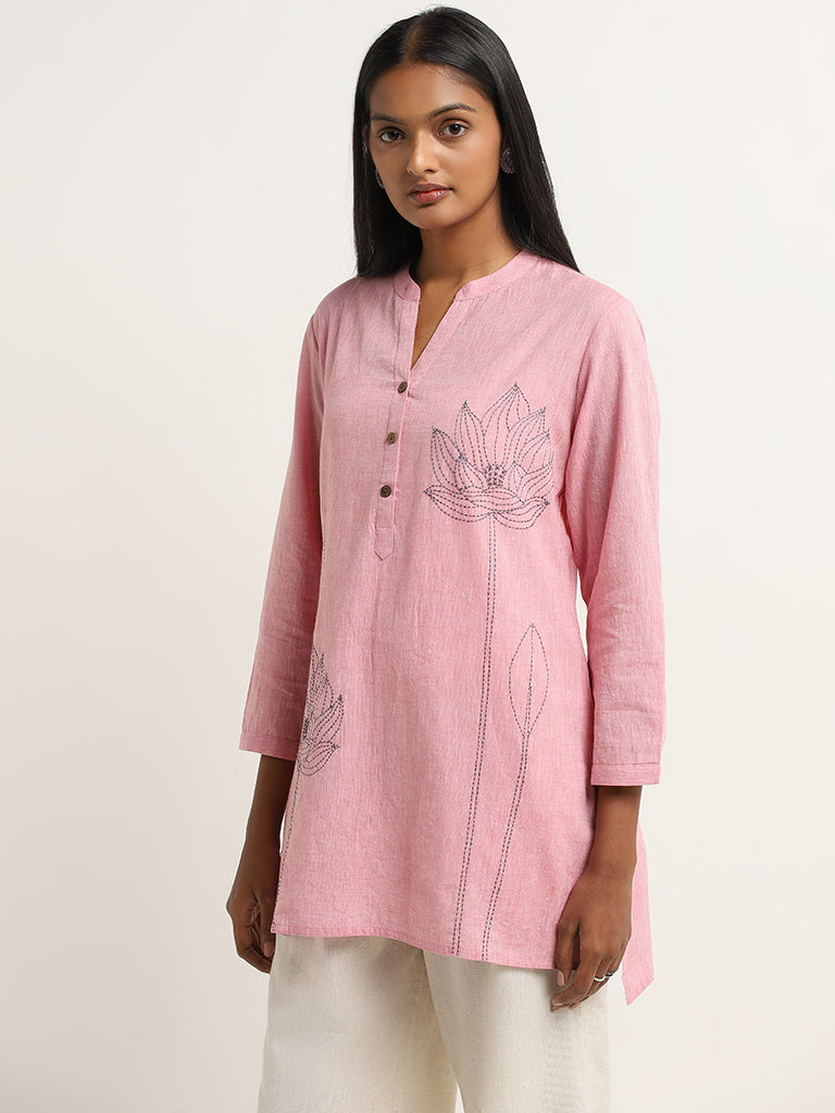 Utsa Pink Floral Embroidered A-line Kurti