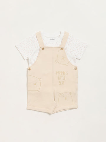 HOP Baby Beige Embroidered Dungaree with T-Shirt Set