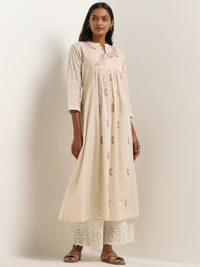 Utsa Beige Floral Embroidered A-Line Cotton Kurta