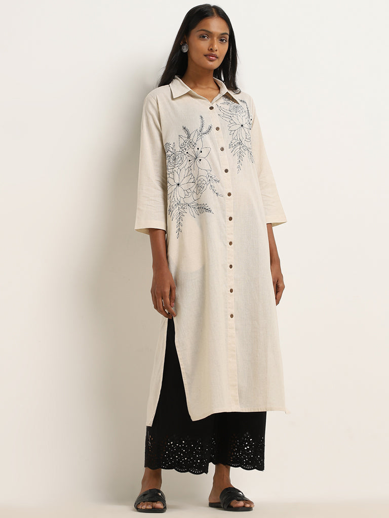 Utsa Light Beige Embroidered A-Line Cotton Blend Kurta