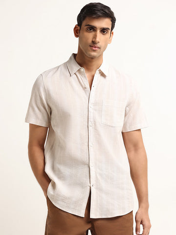 WES Casuals Beige Striped Slim Fit Blended Linen Shirt