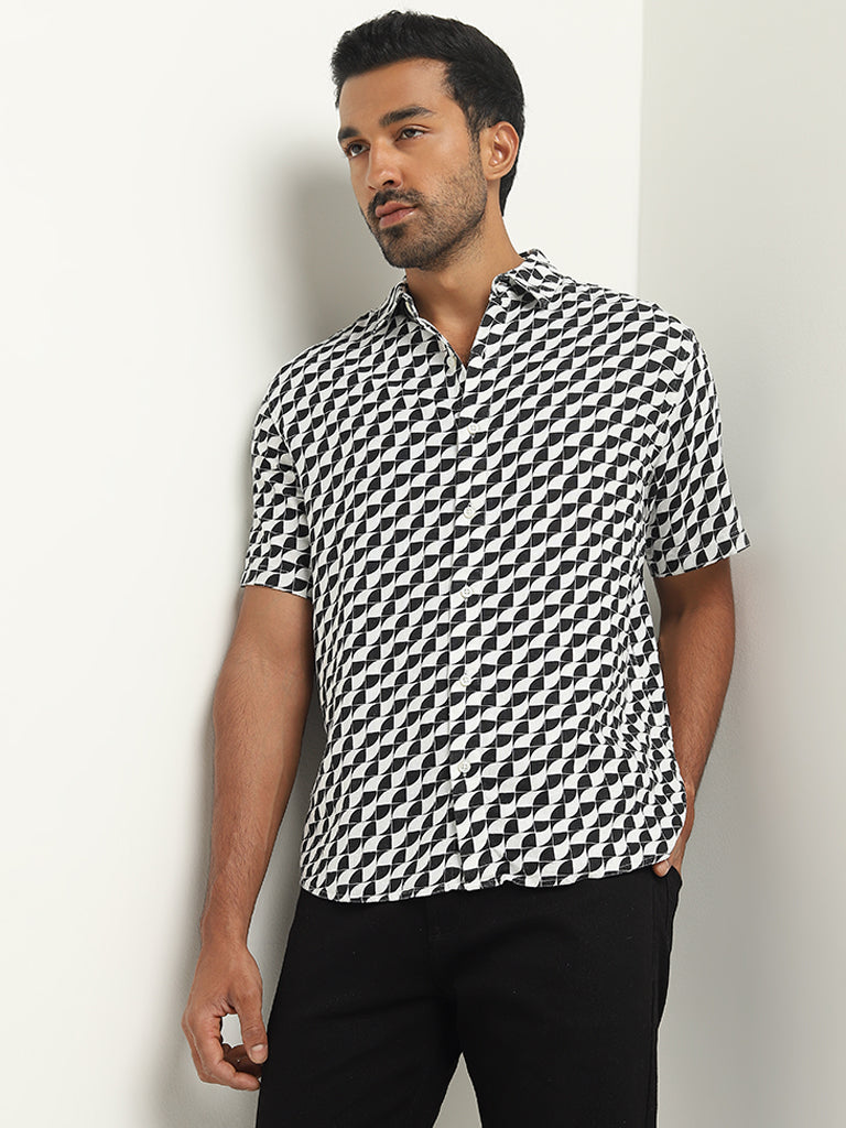 Ascot Black & White Printed Relaxed-Fit Blended Linen Shirt