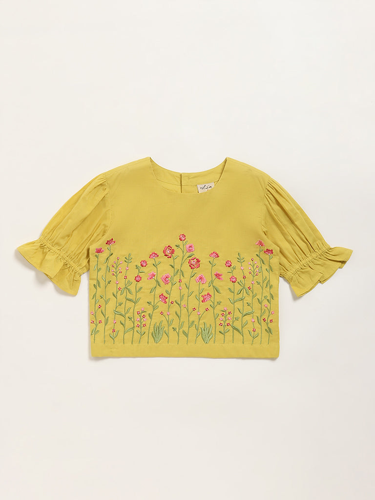 Utsa Kids Mustard Floral Embroidered Cotton Top (8 -14yrs)