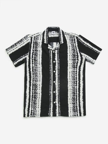 Y&F Kids Black Printed Crinkled Cotton Shirt