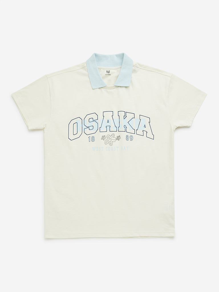 Y&F Kids Off-White Text Print Collared Cotton T-Shirt