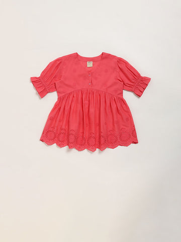 Utsa Kids Coral Schiffli Design Cotton Dress (2 - 8yrs)