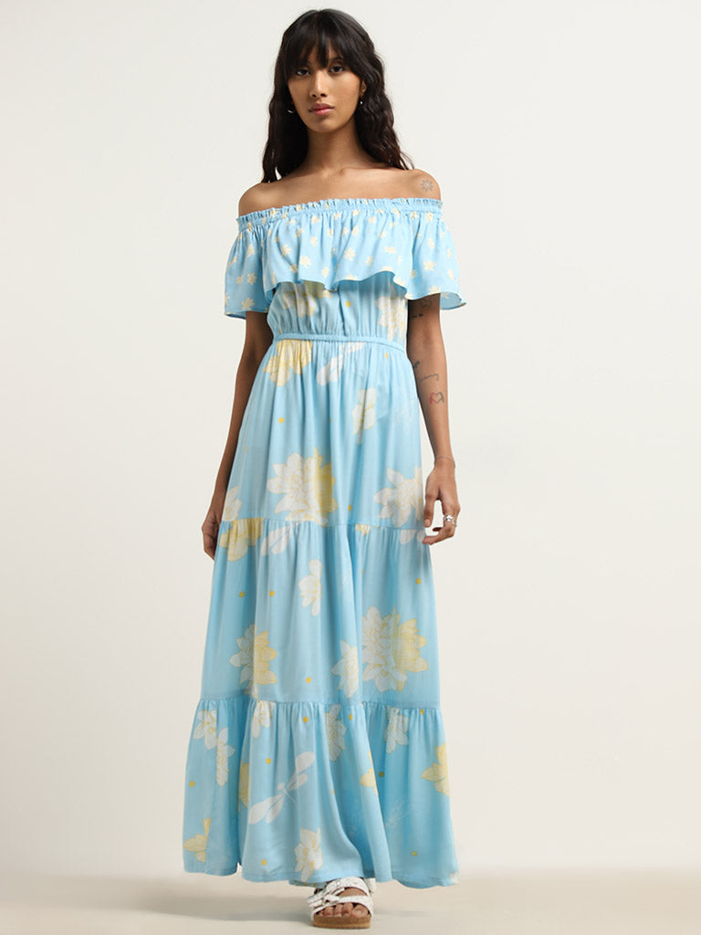 Bombay Paisley Blue Floral Printed Tiered Dress