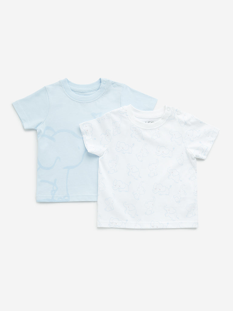 HOP Baby Light Blue Elephant Design Cotton T-Shirts - Pack of 2