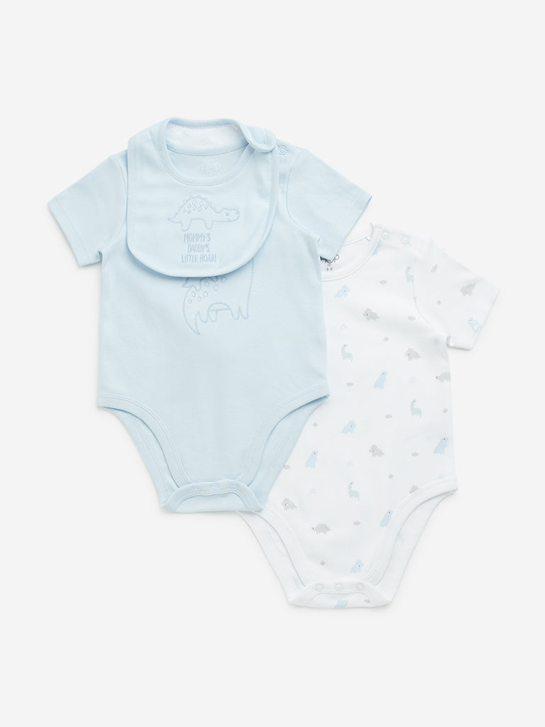 HOP Baby Blue Dinosaur Cotton Rompers with Bib - Pack of 2