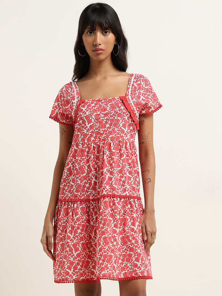 Bombay Paisley Red Floral Printed Tiered Cotton Dress