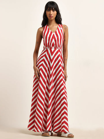 Bombay Paisley Red Chevron Printed A-Line Maxi Dress