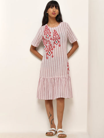 Bombay Paisley Red Ikat Printed Drop-Waist Cotton Dress