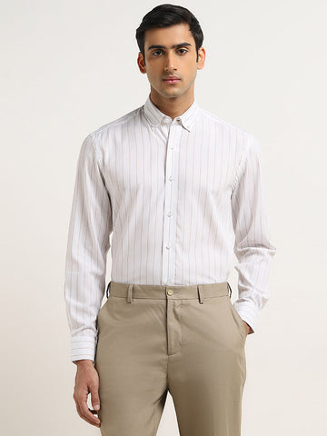 WES Formals Beige Pinstripe Design Relaxed-Fit Shirt