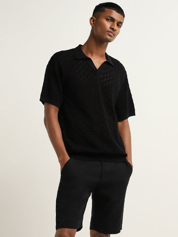 ETA Black Relaxed Fit Knit Textured T-Shirt