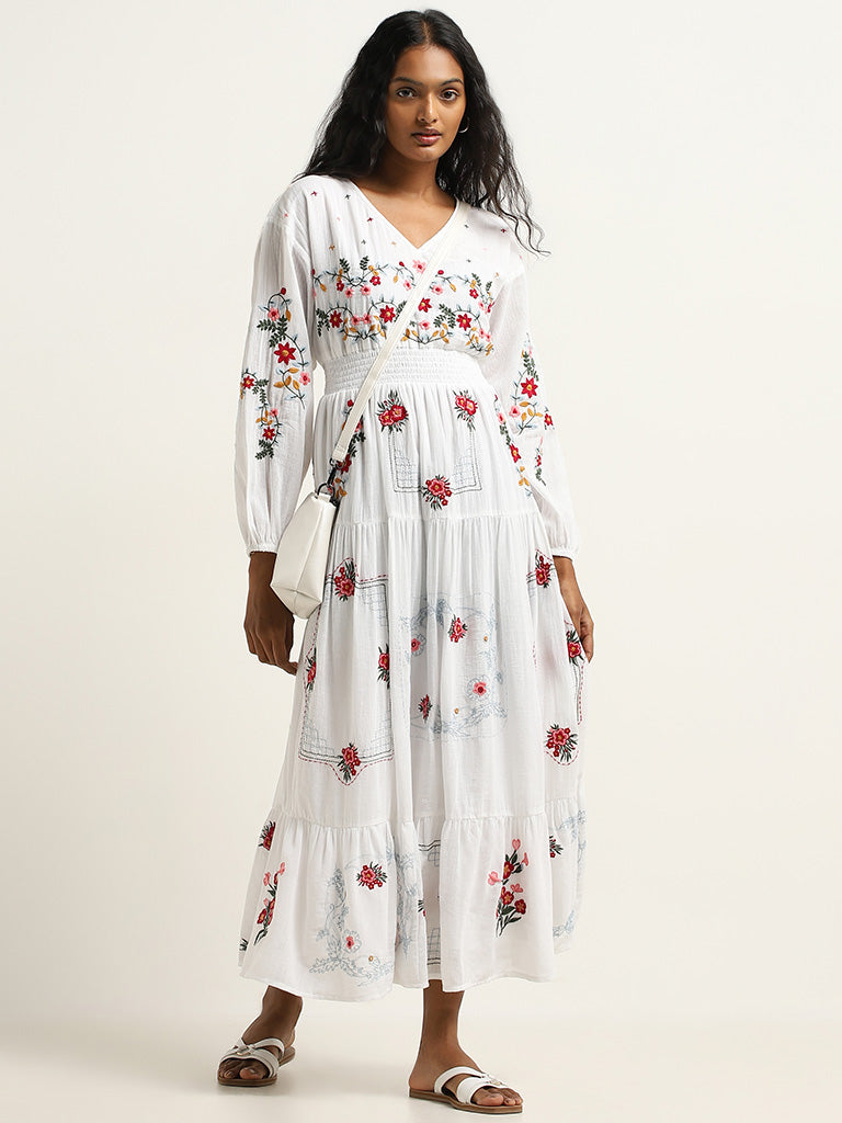 LOV White Floral Cotton Tiered Maxi Dress