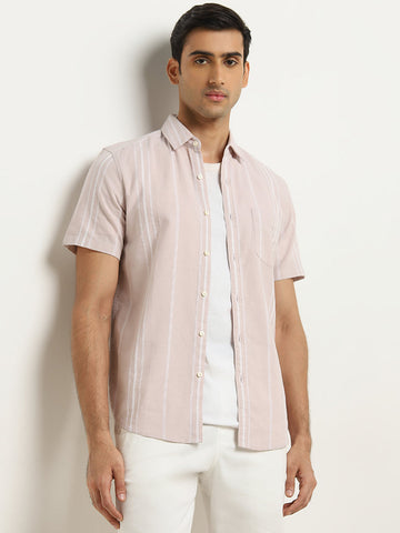 WES Casuals Pink Striped Slim-Fit Blended Linen Shirt