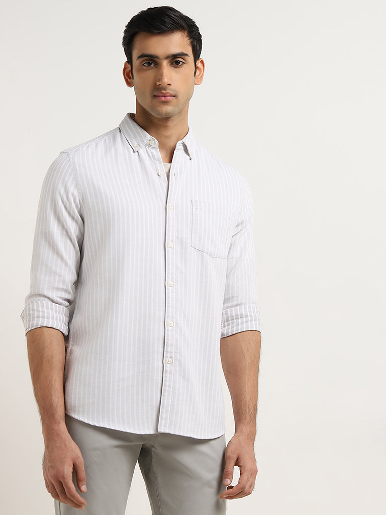 WES Casuals Light Grey Striped Slim-Fit Cotton Shirt