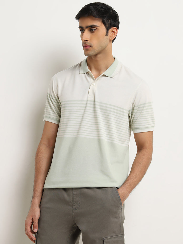 WES Casuals Sage Stripe Patterned Relaxed-Fit Polo T-Shirt