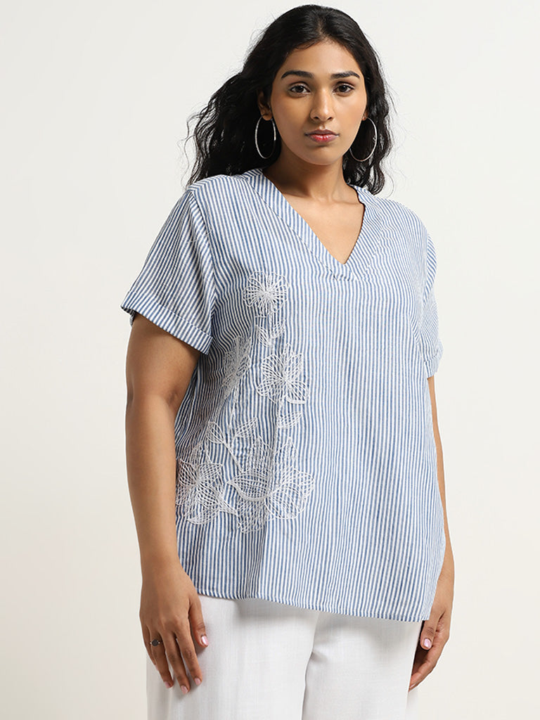 Gia Blue Striped Cotton Blouse