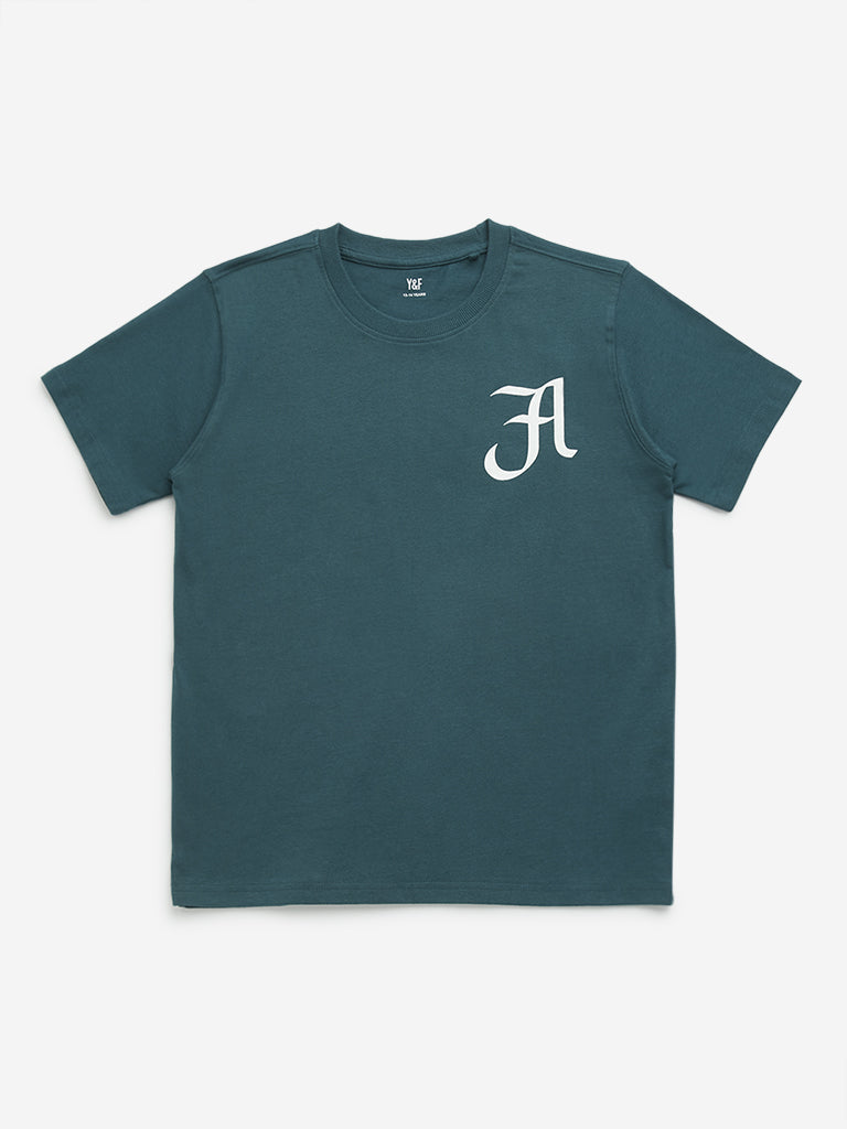 Y&F Kids Teal Text Print Cotton T-Shirt